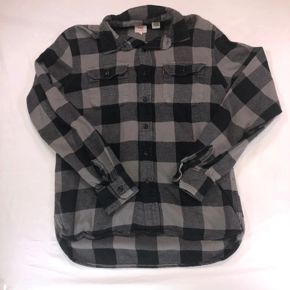 Levis Mens Buffalo Plaid Flannel Shirt Grey Black Long Sleeve Button Down Large